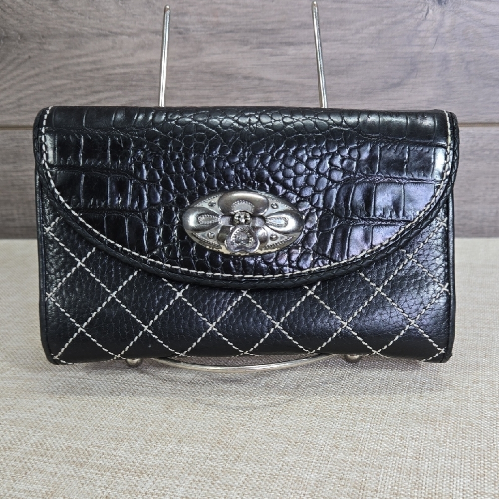 Brighton Black Croc-Embossed Quilted Leather Clutch Wallet